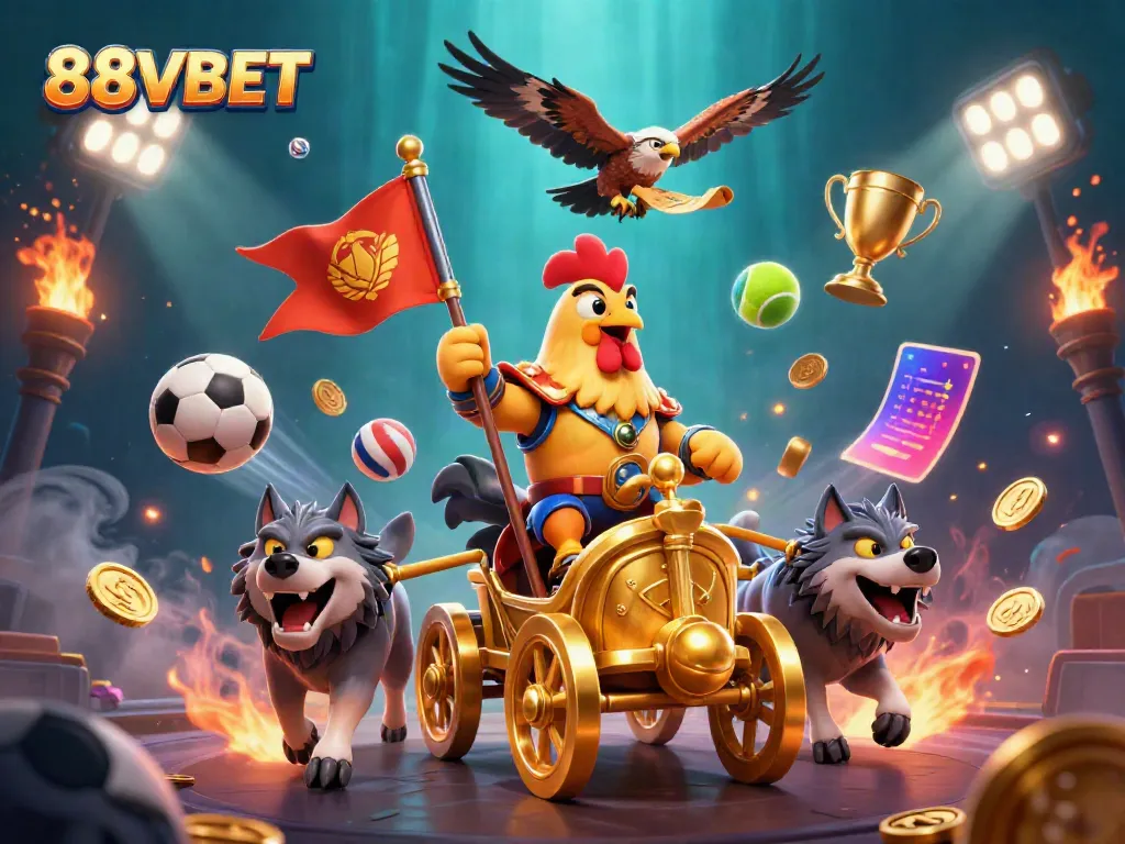 Experience exciting action at 88VBET with a dynamic 3D casino-themed illustration featuring thrilling games.