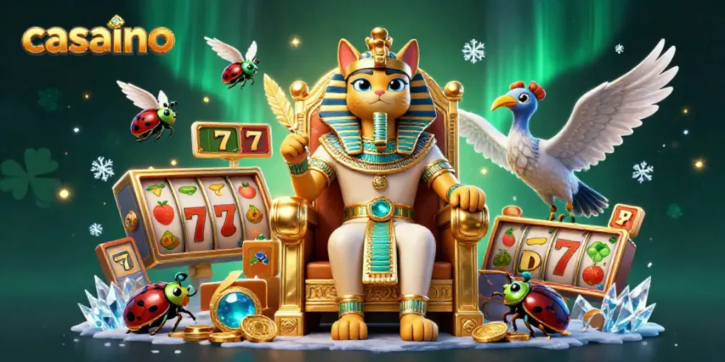 Experience thrilling moments at a casino with a dynamic pharaoh cat illustration and slot machines.