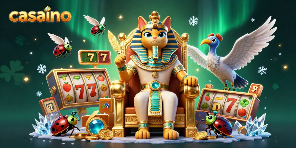 Experience thrilling moments at a casino with a dynamic pharaoh cat illustration and slot machines.