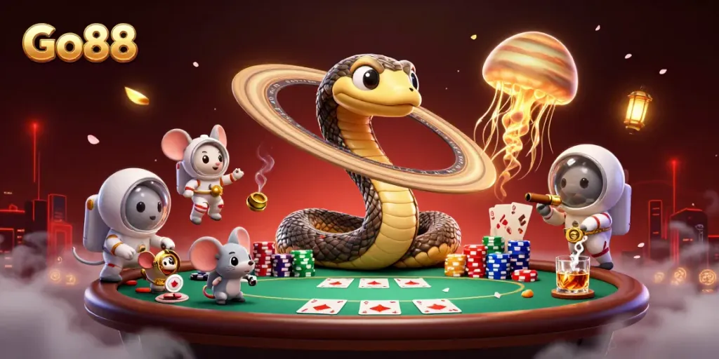 Experience the thrill of Go88 with astronaut mice betting on a Saturn ring roulette in cosmic casino style.