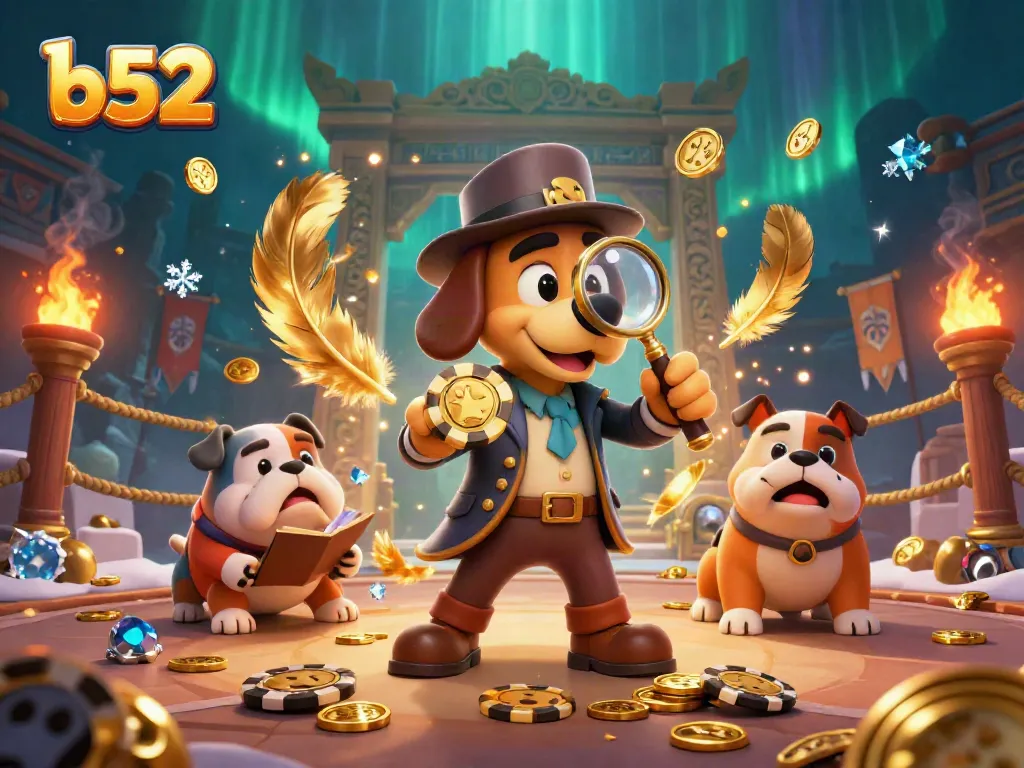 Engage with b52 gaming action featuring a detective bloodhound exploring hidden treasures in a vibrant casino setting.