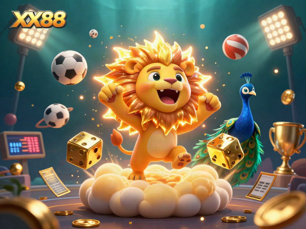 Enhance your gaming with XX88's vibrant casino-themed illustration showcasing a roaring lion and dynamic sports elements.