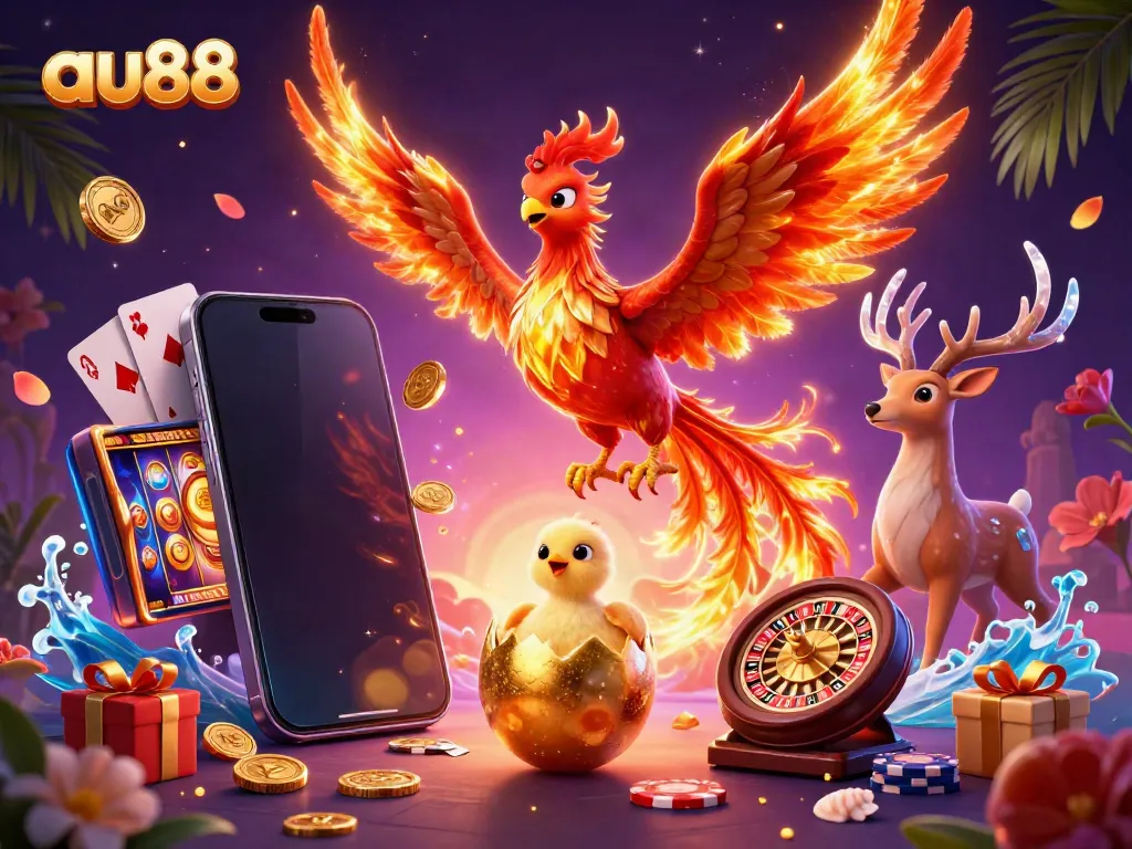 Experience winning moments at au88 as a vibrant phoenix and mystical stag surround exciting casino elements.