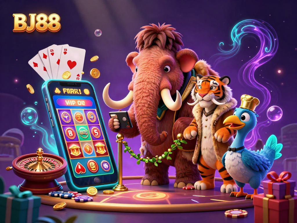 BJ88 casino scene featuring a woolly mammoth bouncer, a saber-tooth tiger guest, and a dodo bird doorman, surrounded by rich gambling elements.