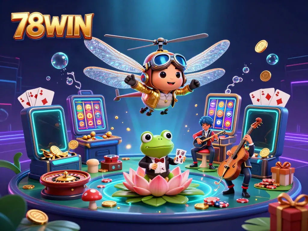 Play slot games and win big with 78WIN at a vibrant lily pad casino featuring a dragonfly pilot and frog dealer.