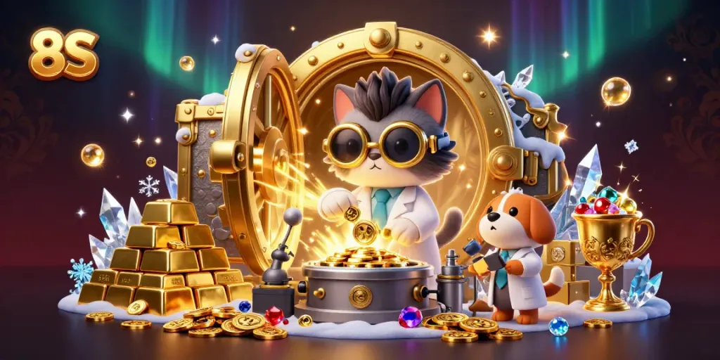 Engage in 8S gaming excitement with a cat scientist crafting golden coins amidst jewels and casino treasures.