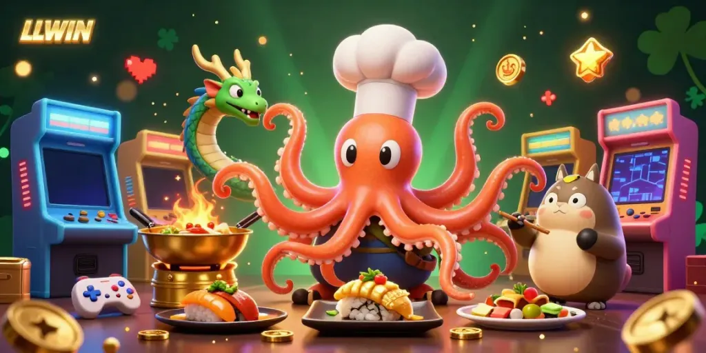 Engage with LLWIN's dynamic gaming scene featuring an octopus chef and vibrant arcade elements.