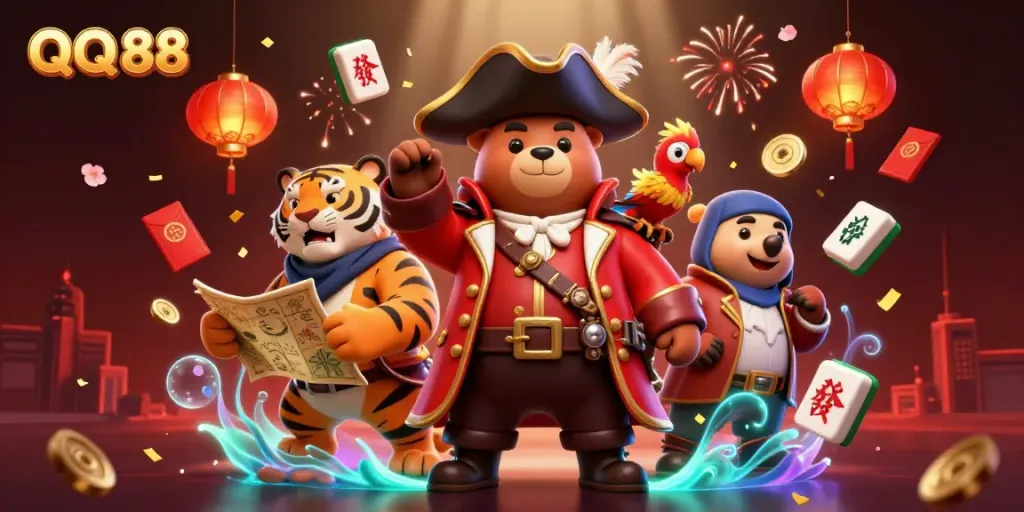 Experience thrilling gaming action with QQ 88 featuring a pirate bear, tiger, and golden parrot in a vibrant scene.