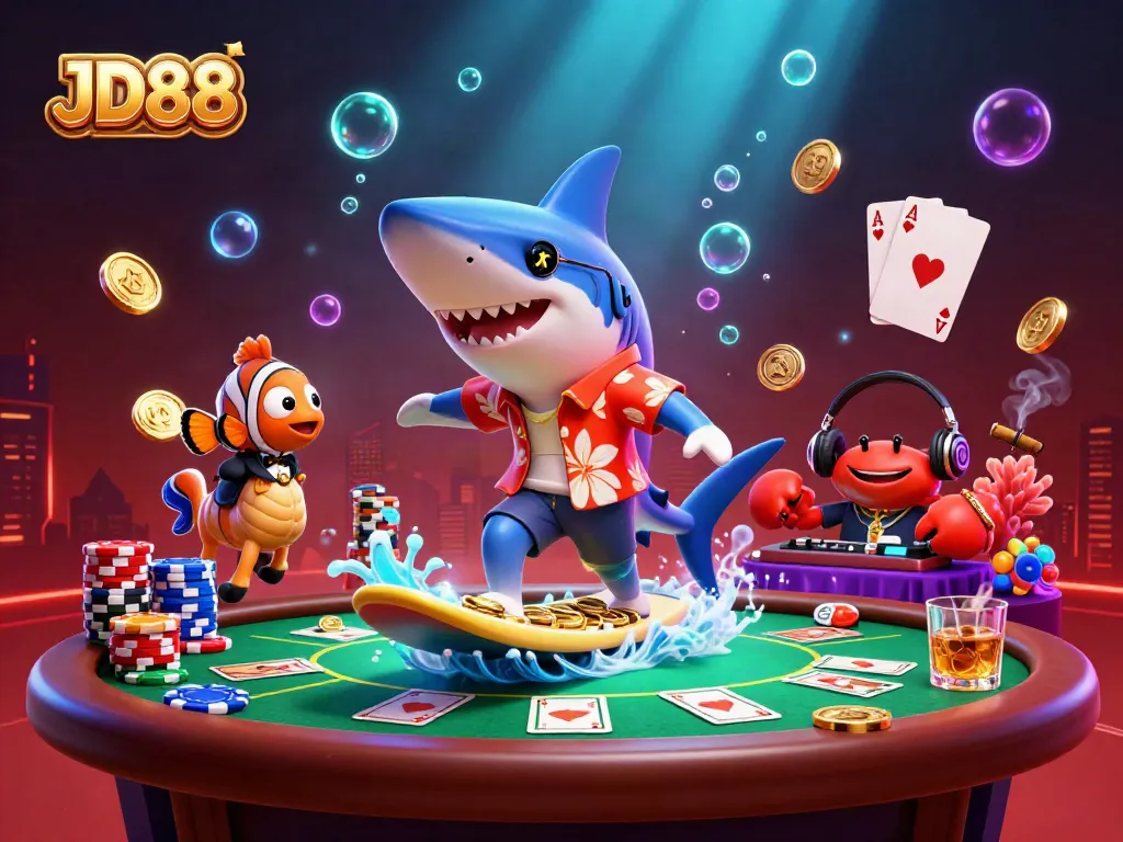 Experience thrilling JD88 action with a cartoon shark and whimsical characters celebrating casino wins.
