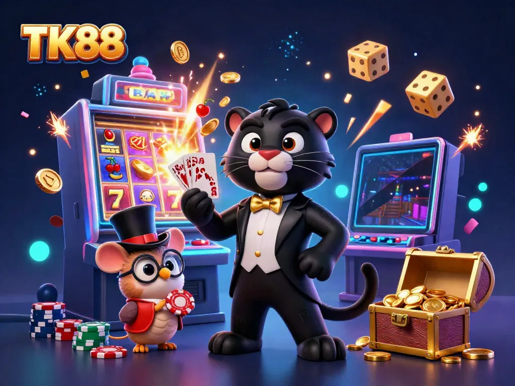 Experience exhilarating wins at TK88 with a dynamic casino scene featuring charming characters and vibrant game elements.