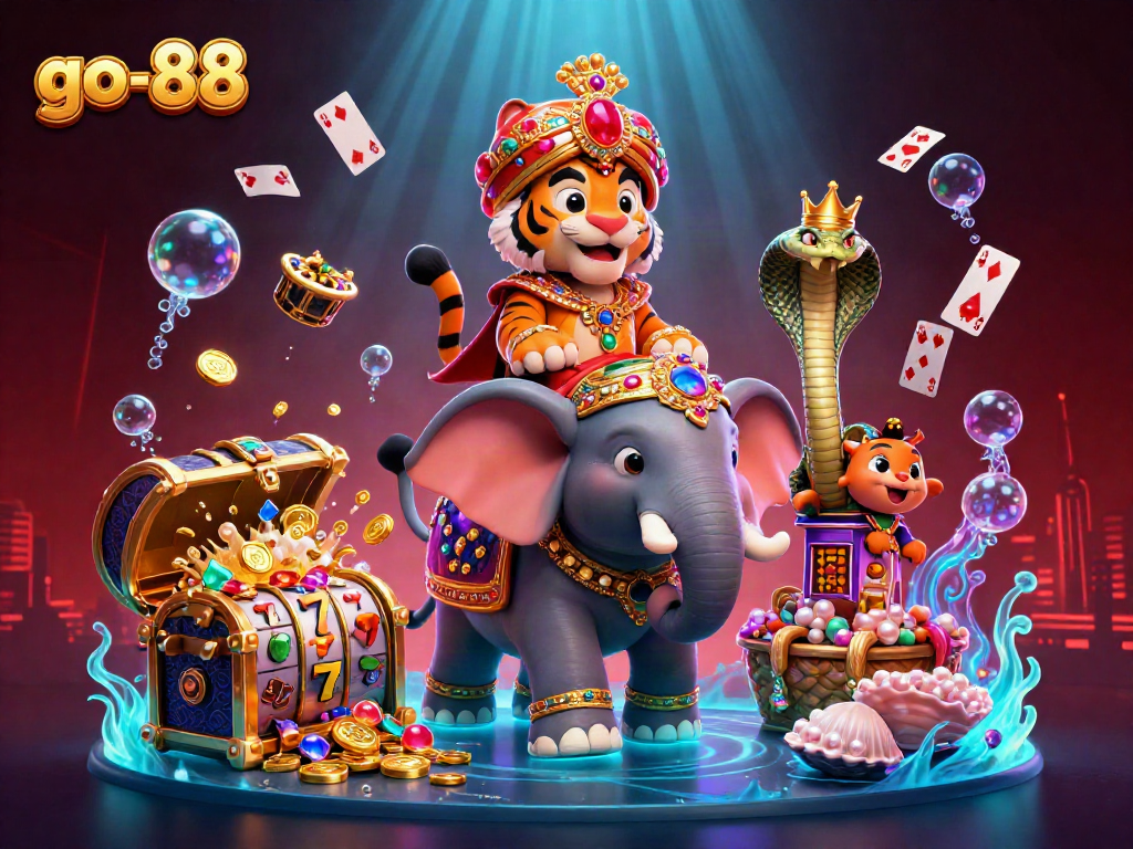 Win big with go-88 in this vibrant casino-themed illustration featuring a jewel-encrusted elephant and more.