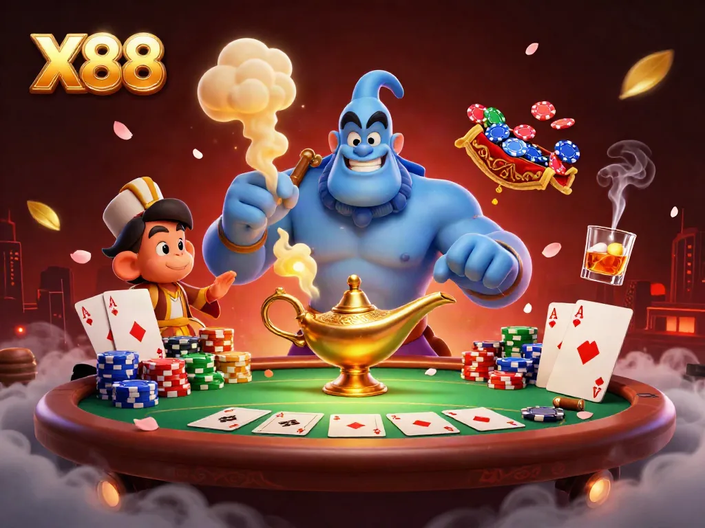 X88 casino illustration featuring a vivid genie scene with poker elements, rich detail and colors.
