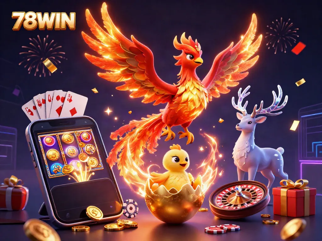 Experience the thrill of gaming with 78WIN as phoenixes soar amidst vibrant casino elements.