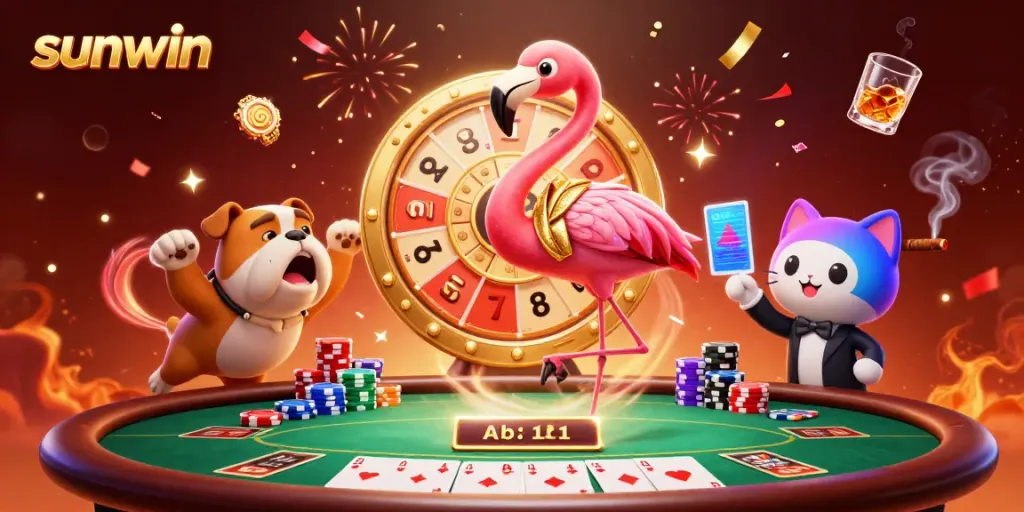 Experience thrilling games with Sunwin as a flamingo host spins the prize wheel in an exciting casino setting.