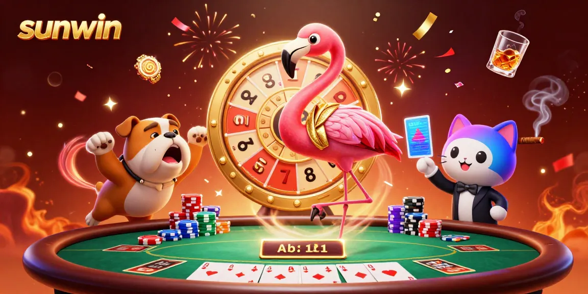 Experience thrilling games with Sunwin as a flamingo host spins the prize wheel in an exciting casino setting.
