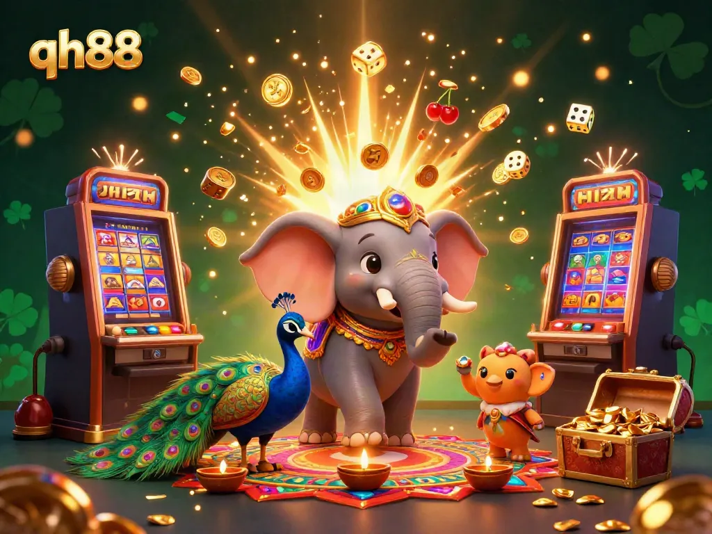 Engage with the vibrant atmosphere of qh88 featuring dazzling casino elements and a festive 3D elephant.