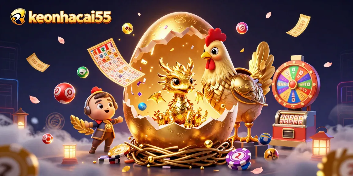 Engage with keonhacai55's thrilling lottery imagery featuring a baby golden dragon and colorful gaming elements.