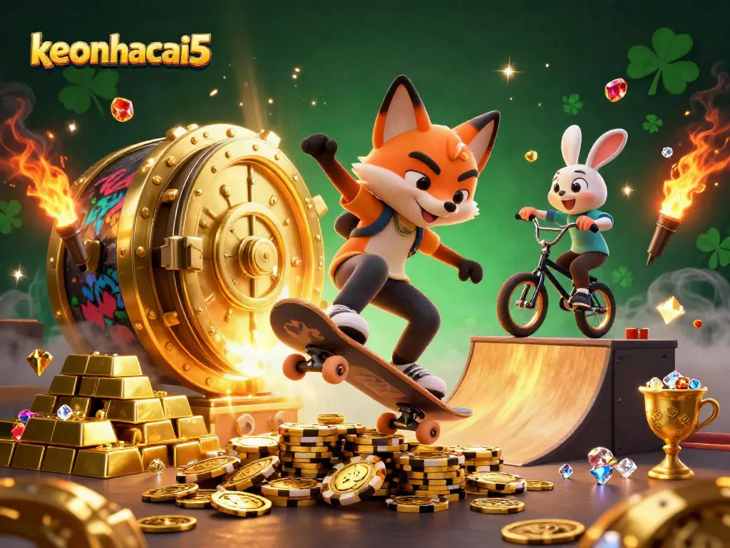 Experience keonhacai5 with a vibrant scene featuring fox and rabbit in a dynamic casino setting.