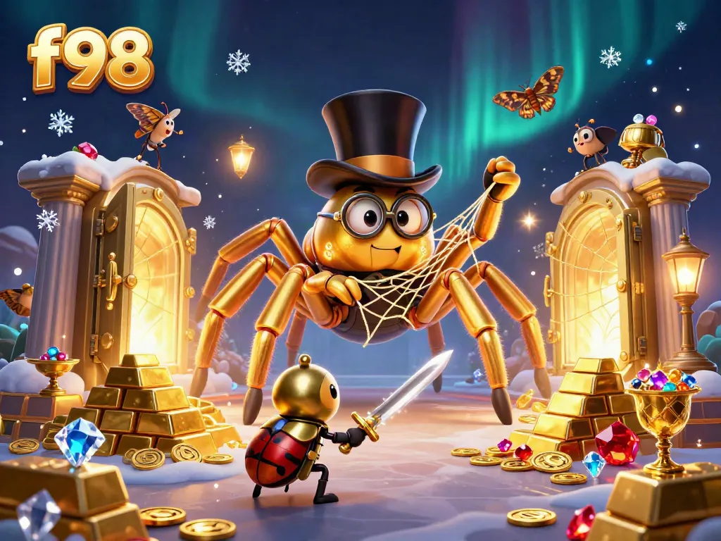 Experience the thrill of f98 with vibrant casino-themed 3D art showcasing a giant tarantula and beetle knight.