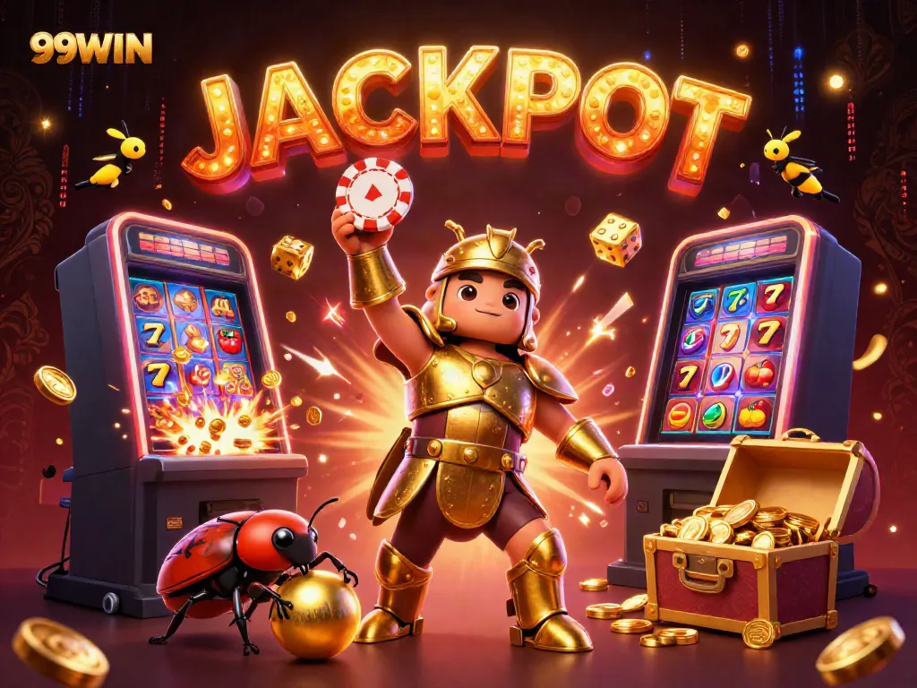 Experience the excitement of 99WIN with epic winning moments and vibrant casino elements in a stunning digital scene.