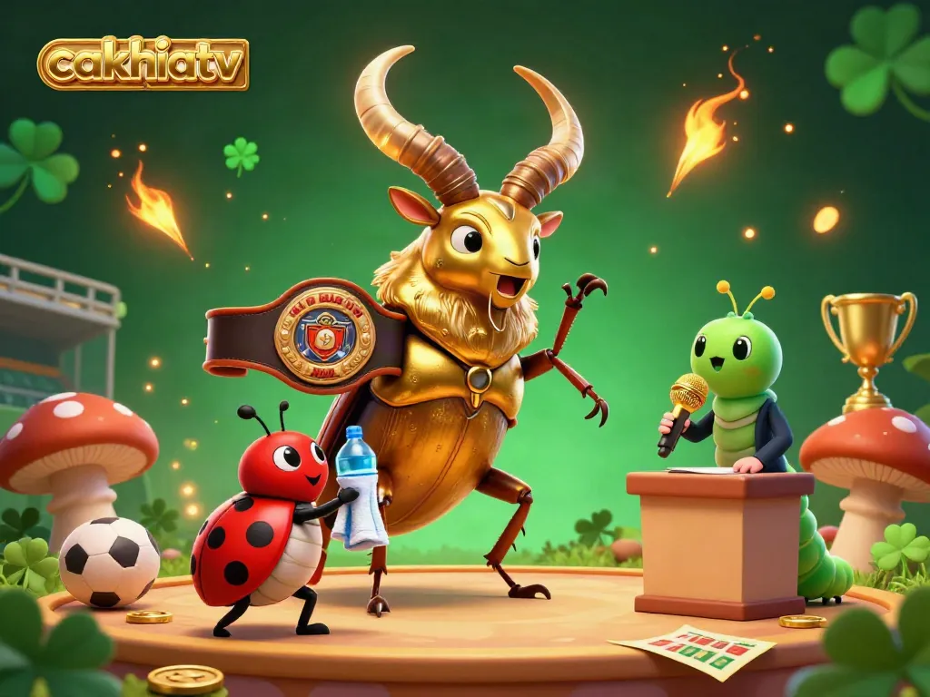 Cakhiatv illustrates a vibrant sports showdown featuring a beetle champion with a ladybug corner-man amidst golden betting tokens.