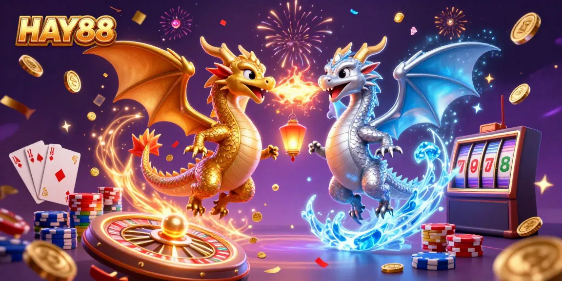 Experience the dynamic energy of HAY88's magical universe featuring gold and silver dragons in a vibrant casino scene.