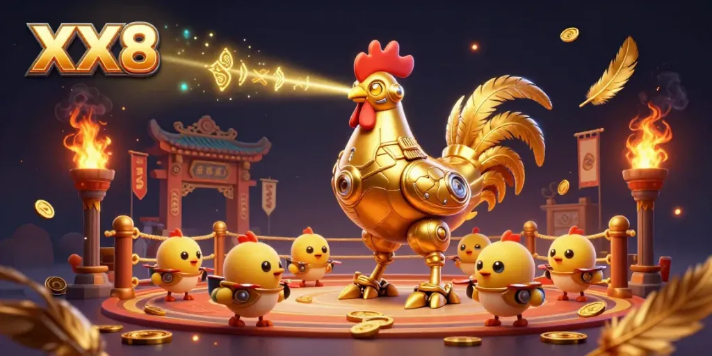 Experience the excitement of gambling with the XX8 golden rooster robot and baby chick drones in a vibrant casino battle scene.