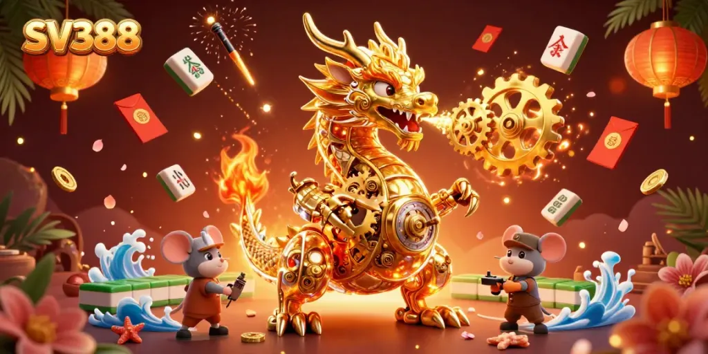 Engage with SV388's thrilling cockfighting action highlighted by a golden dragon and vibrant gaming elements.