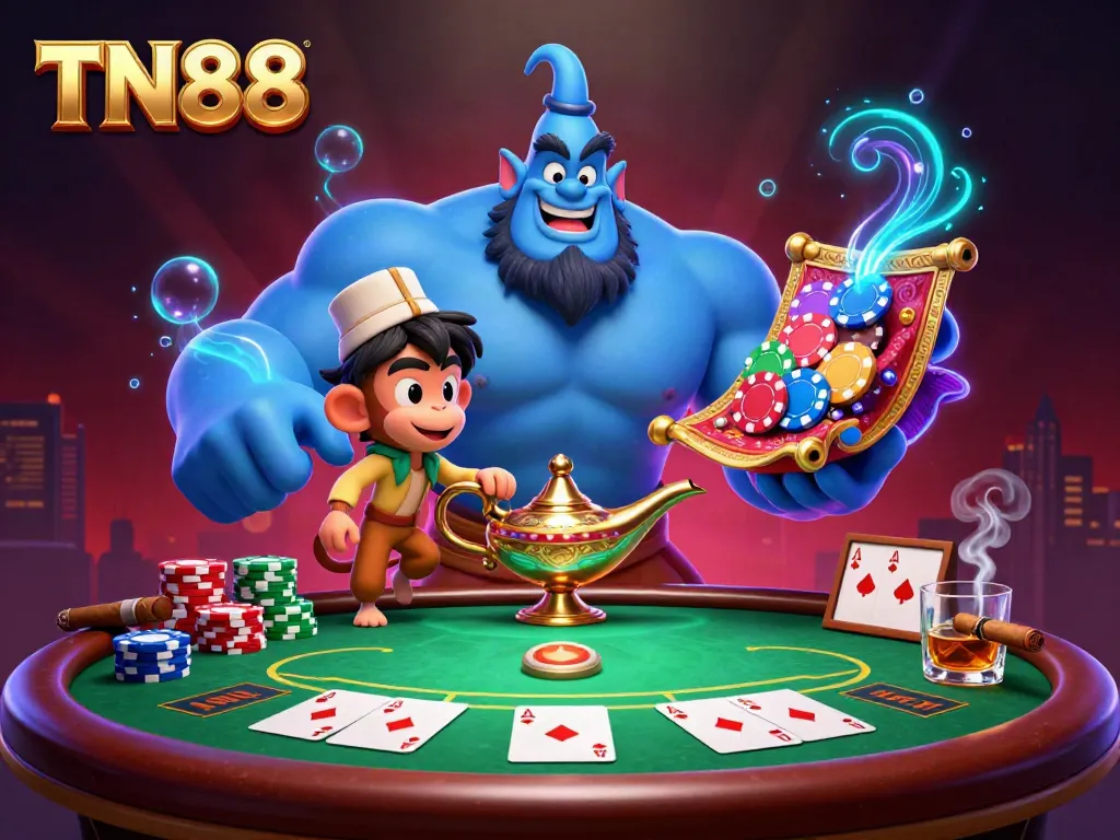 Experience the thrill of TN88 gaming with vibrant poker elements, a genie, and colorful chips in this dynamic illustration.