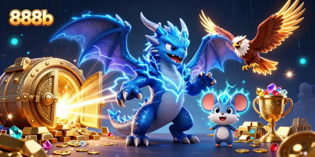 Experience the thrilling world of 888b with this vibrant casino illustration featuring energetic characters and treasure.