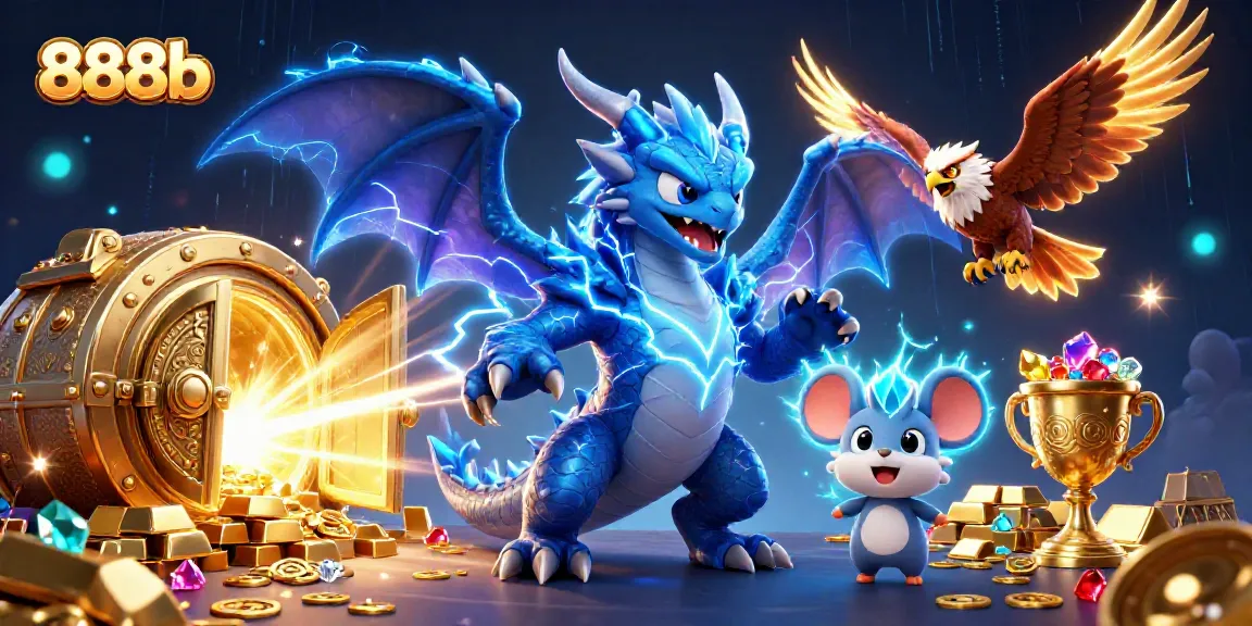 Experience the thrilling world of 888b with this vibrant casino illustration featuring energetic characters and treasure.