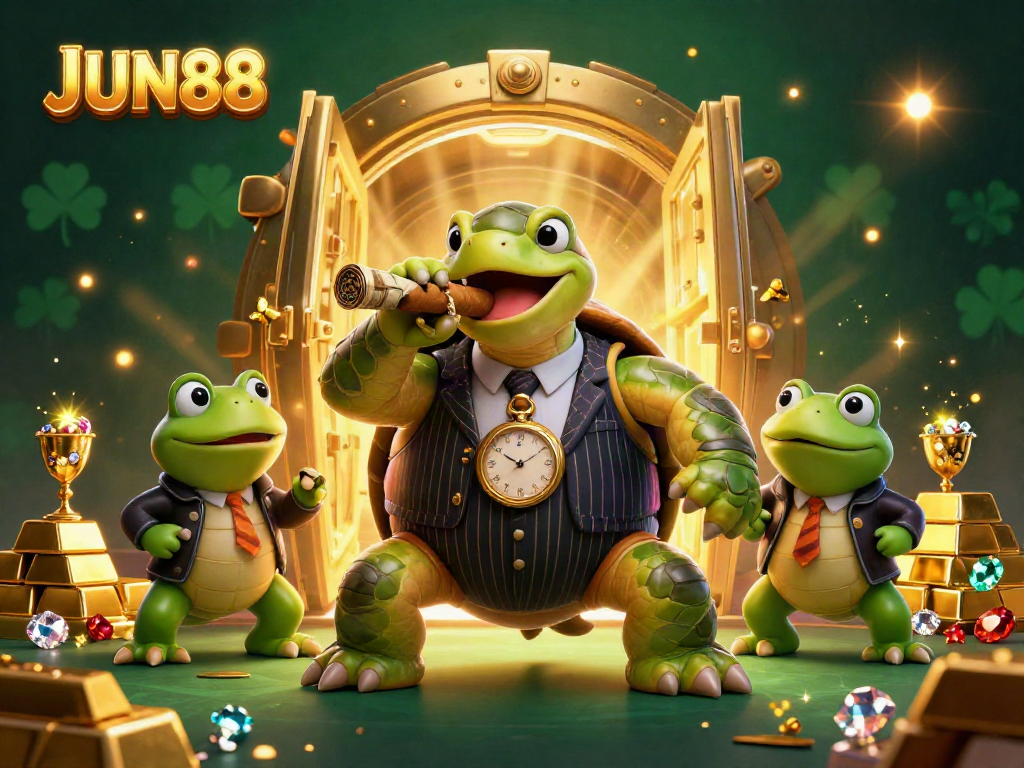 Experience the thrill at JUN88 with an animated turtle in a vintage suit chomping a money cigar amid sparkling treasures.