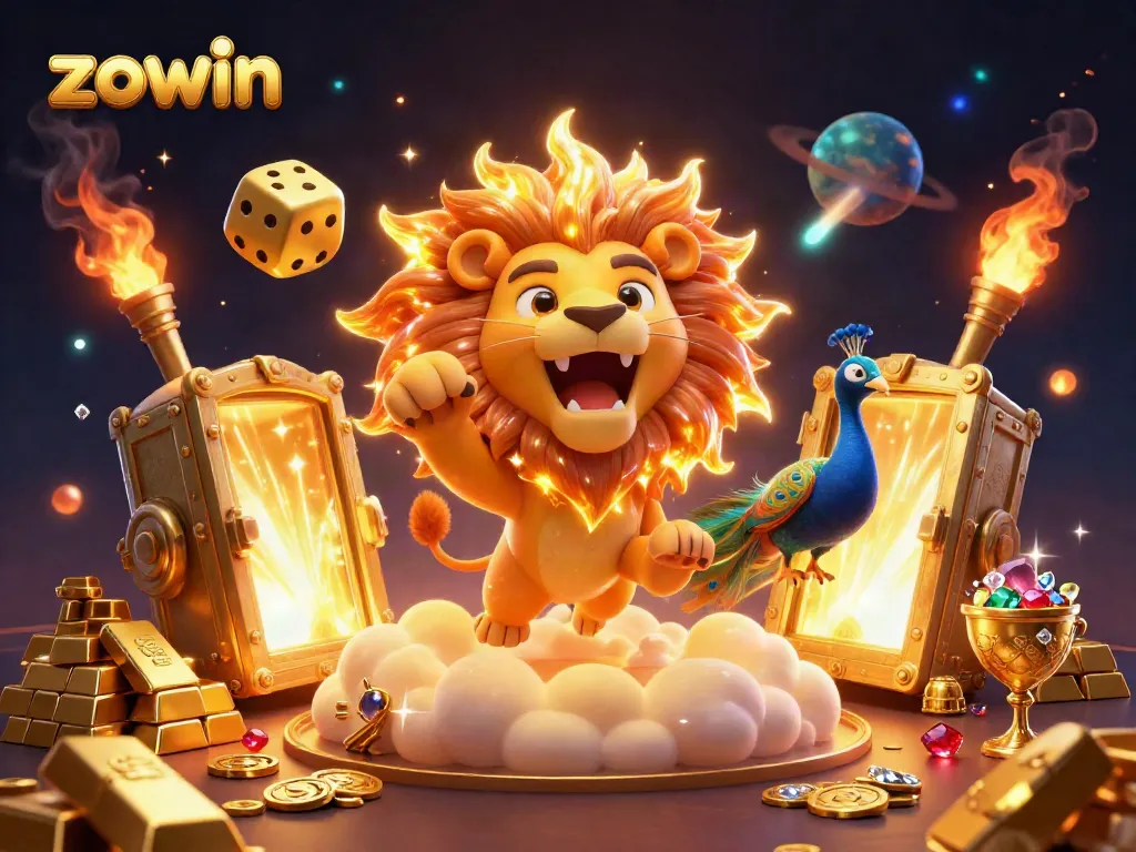 Engage with the vibrant zowin casino experience, featuring a roaring lion and golden treasures.