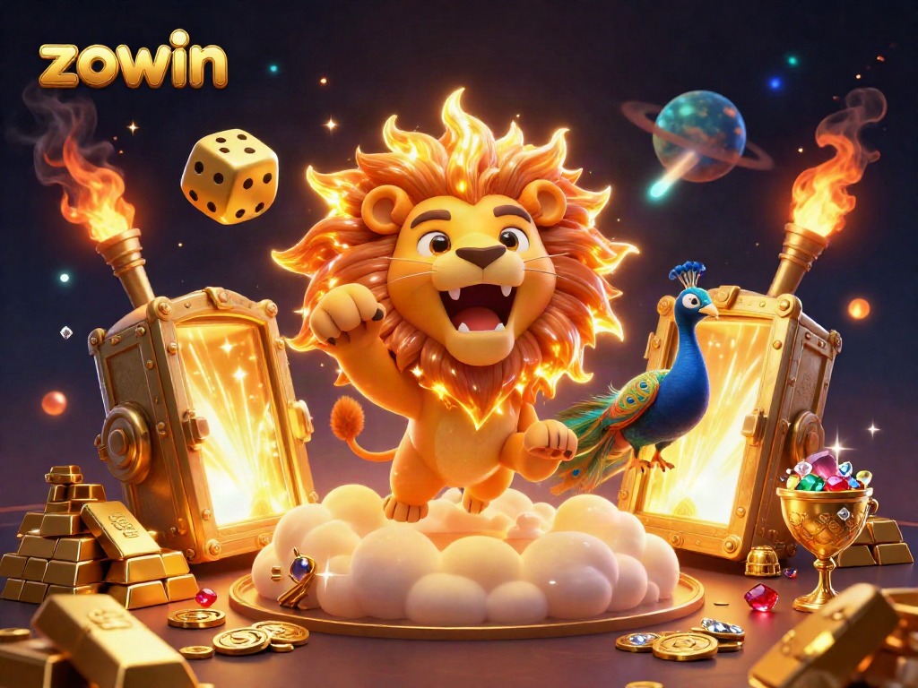 Engage with the vibrant zowin casino experience, featuring a roaring lion and golden treasures.