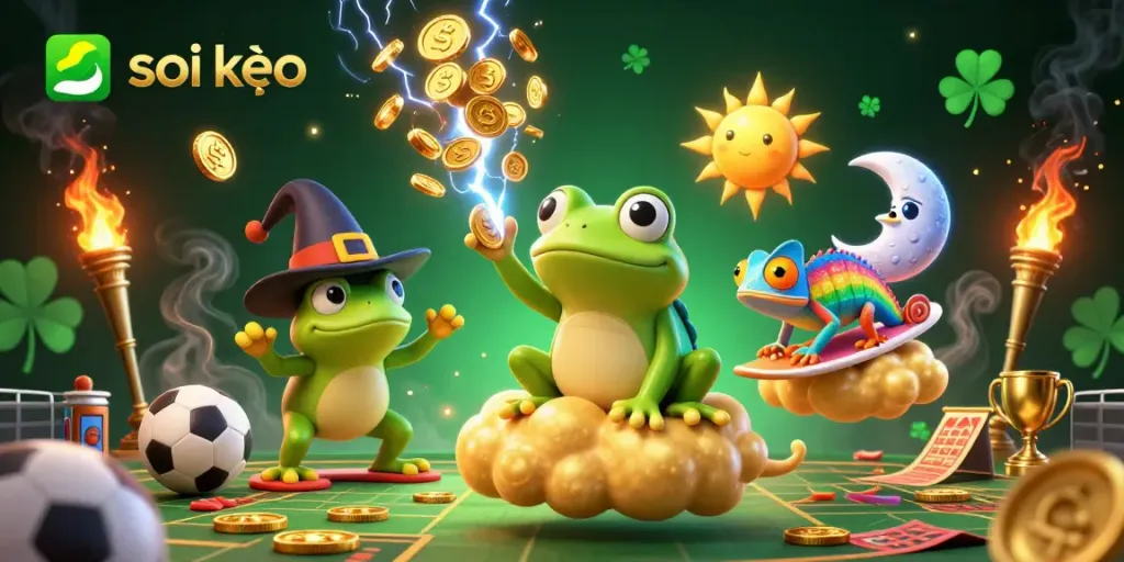 Soi kèo with the weather wizard frog creating a storm of golden coins and dynamic sports betting elements.