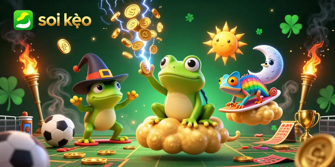 Soi kèo with the weather wizard frog creating a storm of golden coins and dynamic sports betting elements.