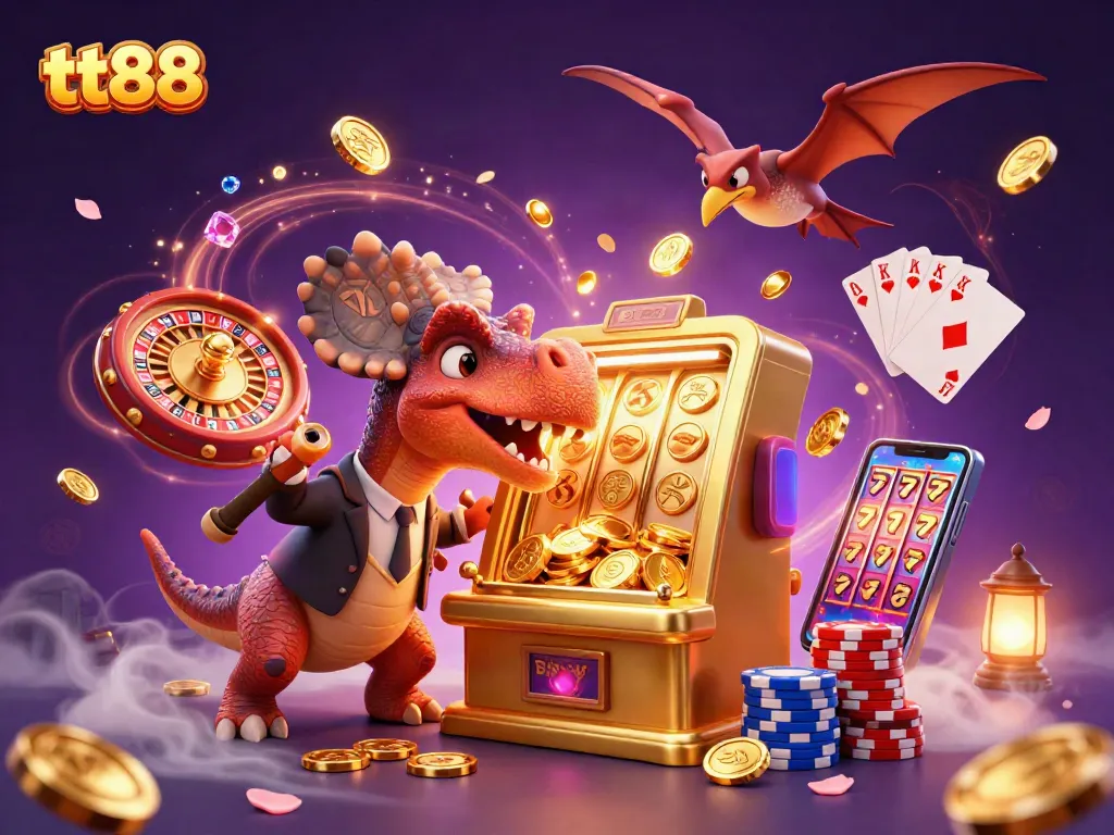 Experience thrilling wins with tt88 as characters collect coins from a golden slot machine jackpot.