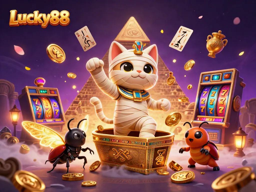 Experience excitement with Lucky88 as the Egyptian mummy cat bursts onto the casino scene, surrounded by vibrant gaming symbols.