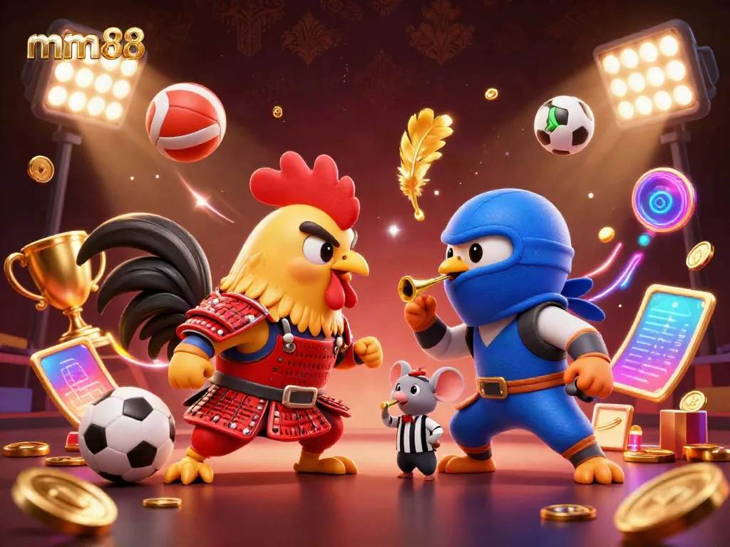 Experience mm88's thrilling showdown between samurai and ninja roosters in a vibrant 3D casino scene.