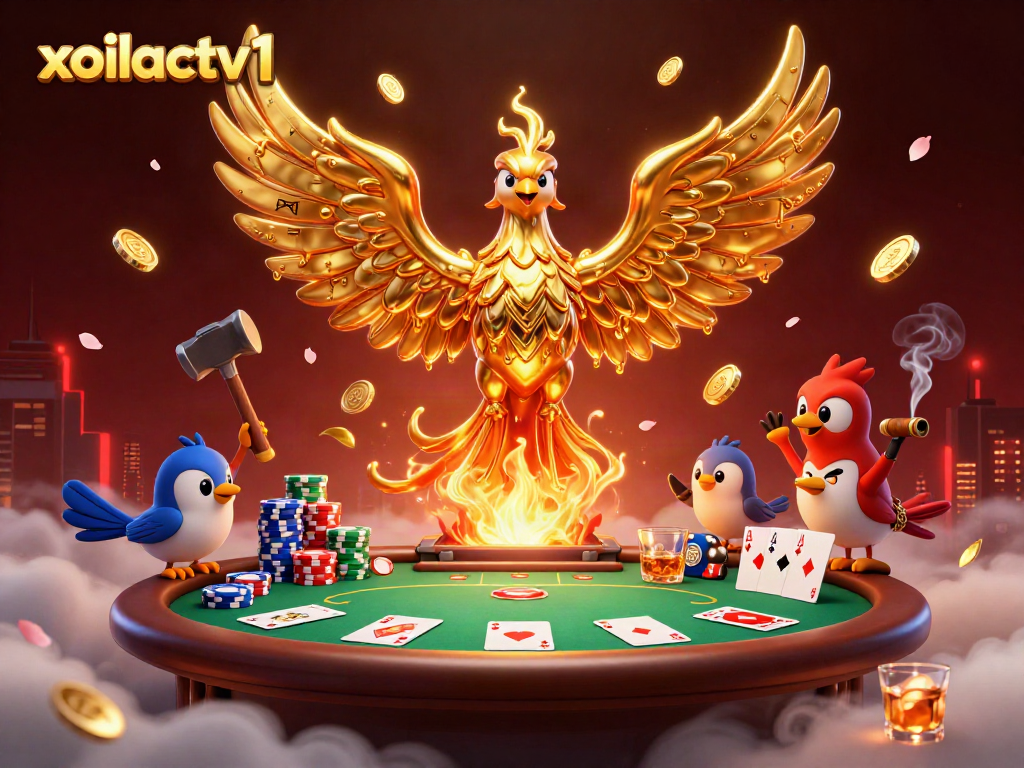 Xoilactv1 showcases an exciting poker scene with a molten metal phoenix and chips flying.