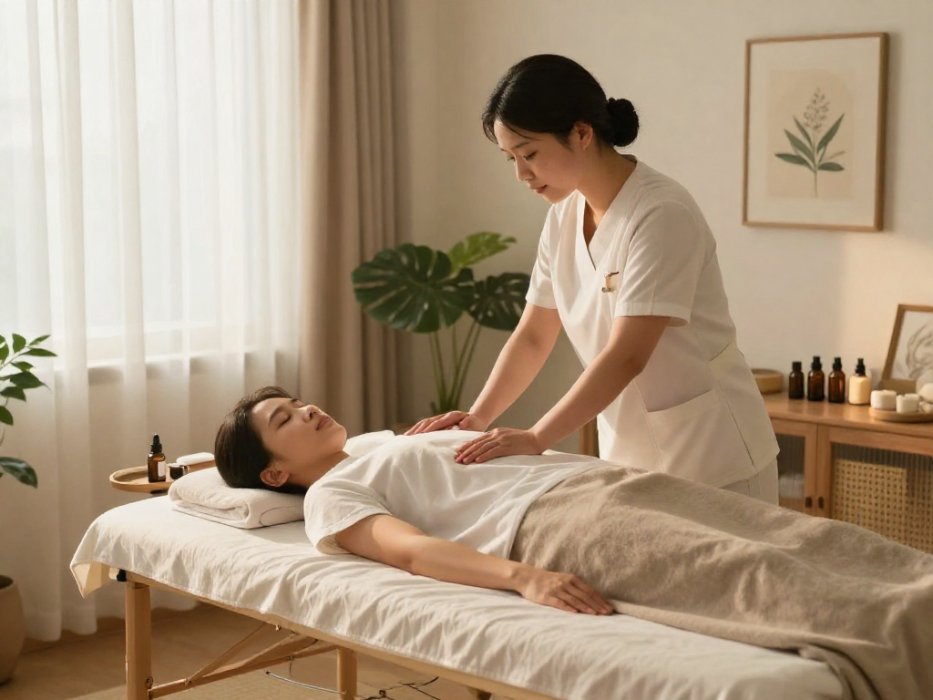인덕원출장마사지 delivered by a professional therapist in a tranquil home setting with warm lighting.