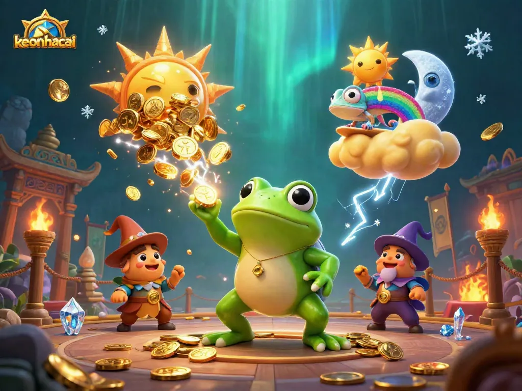 Experience keonhacai with a magical storm of coins, featuring playful characters and dynamic gaming atmosphere.