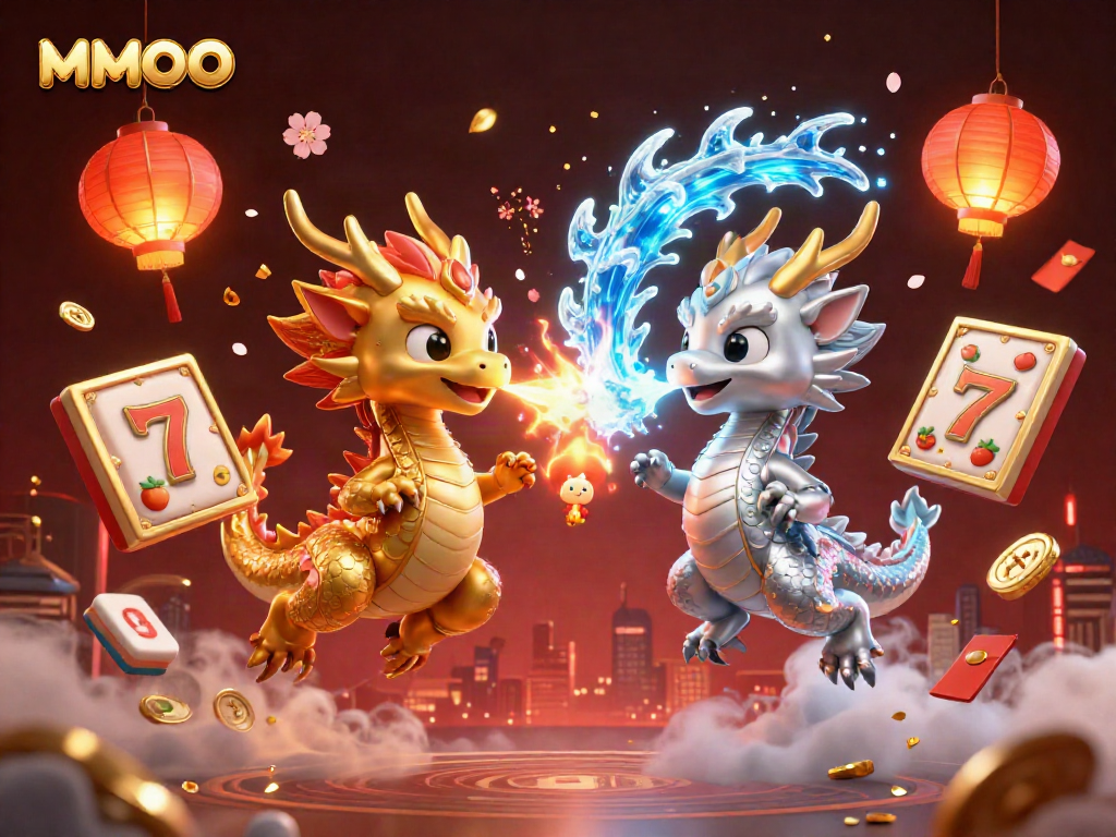 Engage MMOO's slot reels and dynamic dragons in a vibrant 3D casino scene.