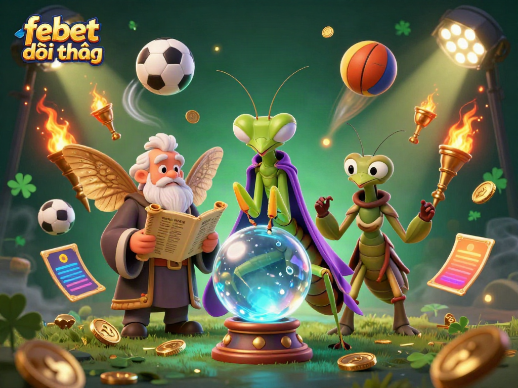 Experience febet đổi thưởng with enchanting fortune tellers and dynamic sports elements in a mystical scene.