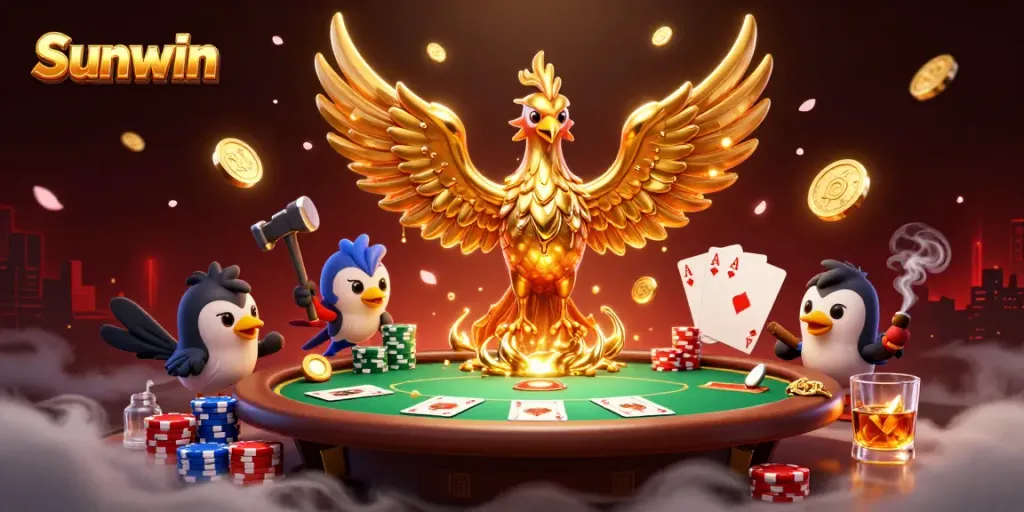 Experience thrilling gameplay with Sunwin's golden phoenix and poker elements in this vibrant illustration