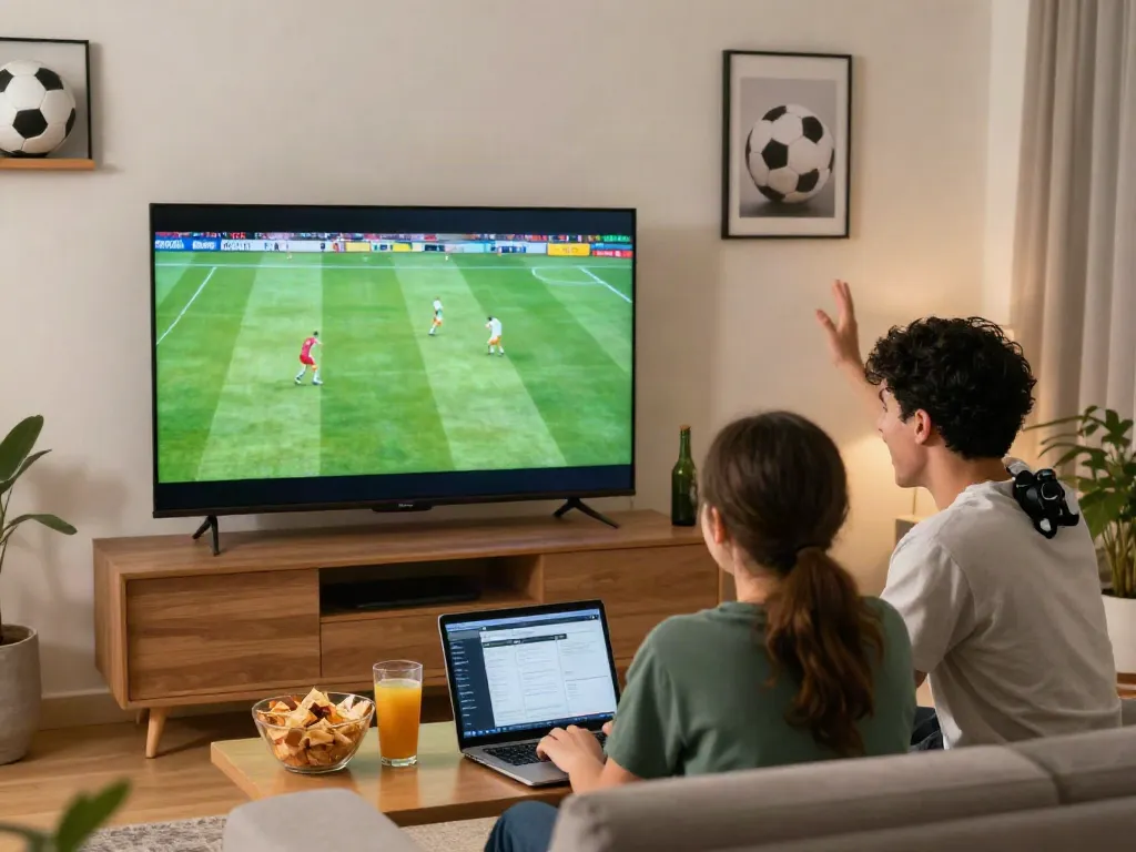 Xoilactv viewers enjoying a live football match in a cozy living room setting.