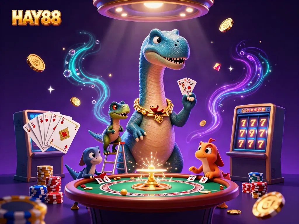 Engage with HAY88's thrilling gaming experience featuring a giant brontosaurus and raptor dealer.