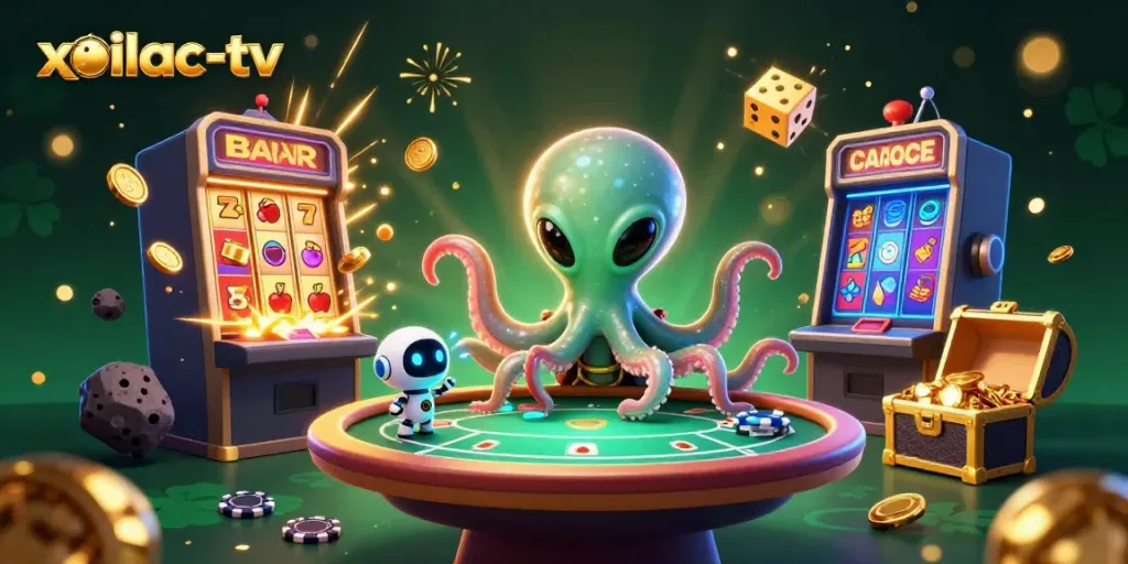 The colorful gambling scene highlights the exciting features of xoilac-tv, showcasing alien-themed casino elements and dynamic visuals.