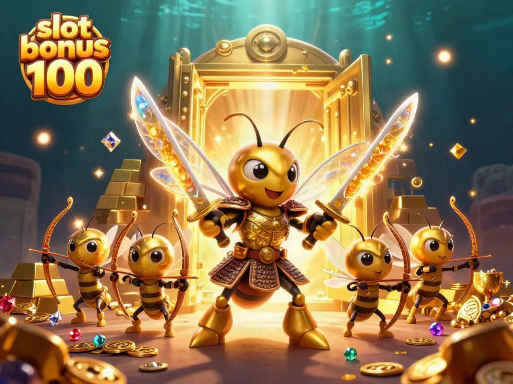 Experience the excitement of the slot bonus 100 with dynamic 3D illustrations featuring samurai bees and treasure.