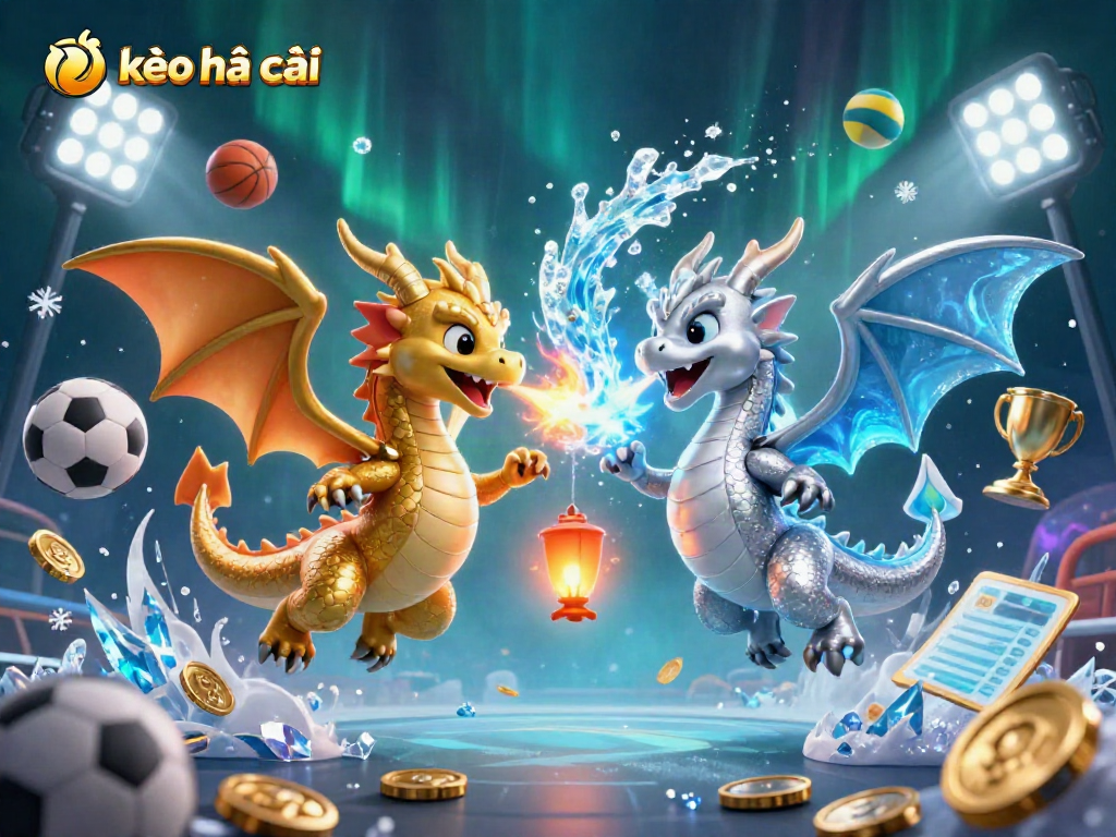 Engage with kèo nhà cái through a dynamic scene depicting gold and silver dragons surrounded by sports motifs and betting elements.